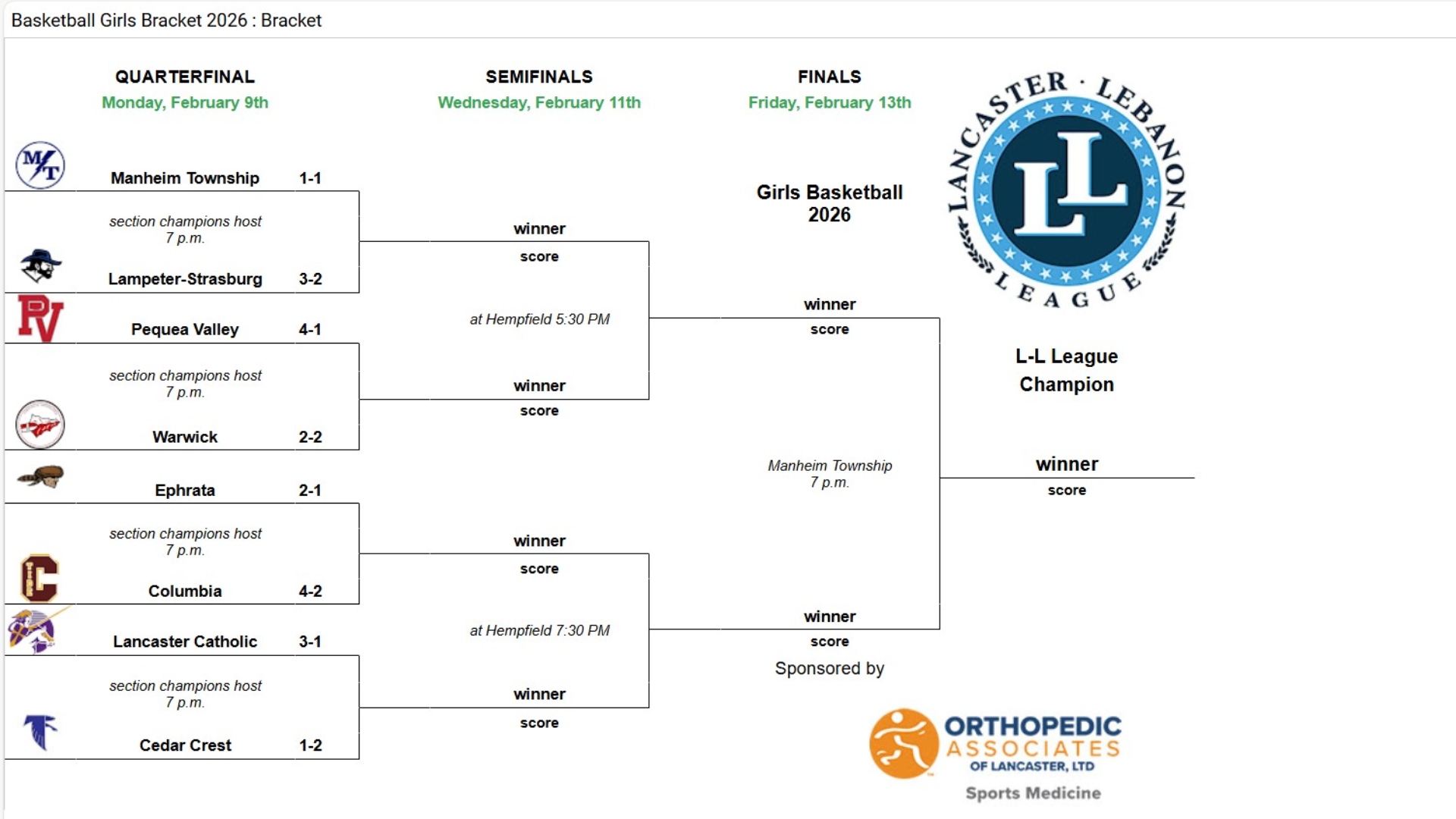 2026 Lancaster-Lebanon League Girls’ Basketball Championships Presented By Orthopedic Associates Of Lancaster Playoff Bracket (QUARTERFINALS)